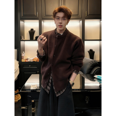 老钱风假两件格子拼接开衫毛衣男
