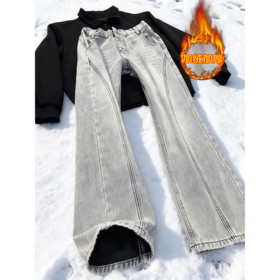 美式斜切加绒牛仔裤男款冬季美式