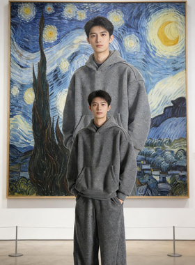 深灰色重磅连帽卫衣卫裤青少年男生ootd穿搭套装潮帅气时髦运动服