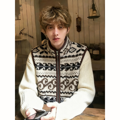 费尔岛羊羔毛马甲男款秋冬季复古