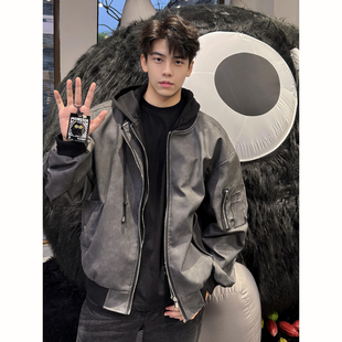 假两件pu皮衣外套男款秋冬季高级感痞帅连帽棒球服美式机车服夹克