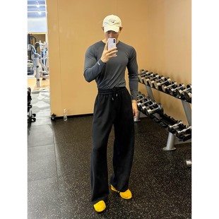 美式硬汉风健身运动裤子男款重磅加绒加厚弯刀裤直筒窄板显瘦卫裤