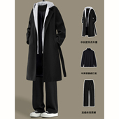 英伦雅痞风衣外套 冬季 假两件毛呢大衣男中长款 穿搭一整套套装 韩版