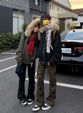 cra座山雕大毛领棉服男女款冬季加厚保暖棉衣外套美式短款派克服