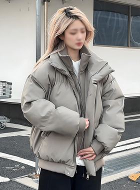 灰色假两件羽绒棉服男女冬季加厚保暖棉衣外套短款立领pu皮面包服