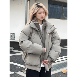 灰色假两件羽绒棉服男女冬季加厚保暖棉衣外套短款立领pu皮面包服