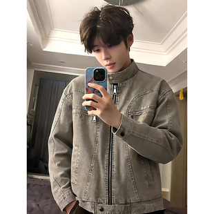 美式复古短款牛仔外套男款高级感哈灵顿夹克老钱风立领工装机车服