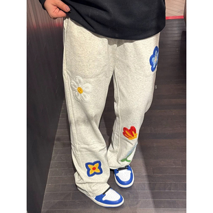 白花灰美式花卉刺绣弯刀卫裤男小众设计感微喇裤子直筒运动休闲裤