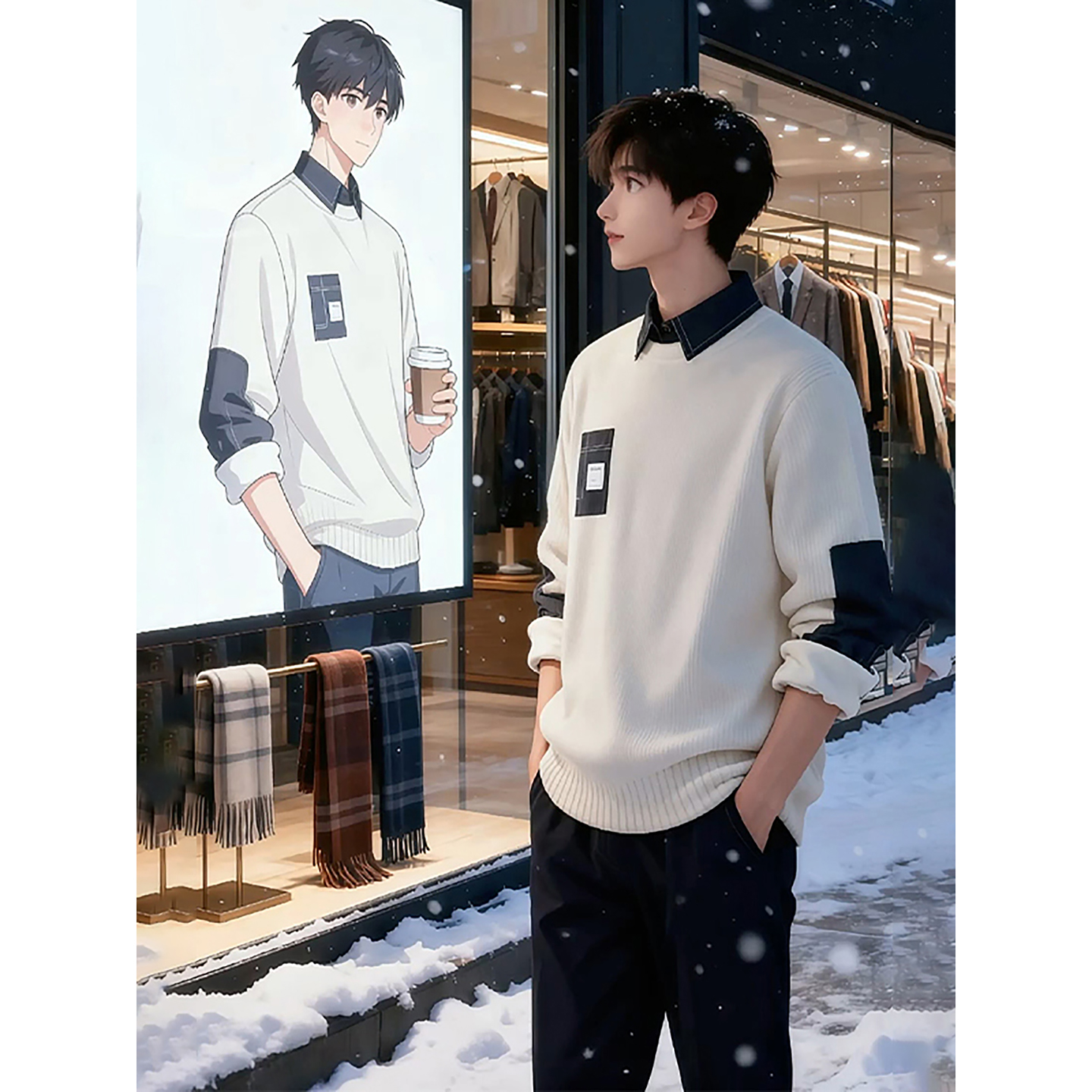 米白色加绒假两件翻领毛衣男款冬