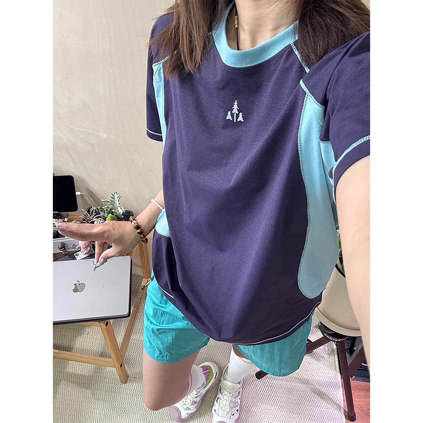 美式高级感撞色拼接速干短袖女夏户外运动防晒骑行服情侣百搭上衣