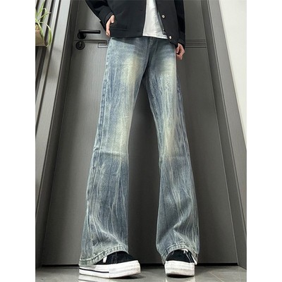 复古蓝闪电纹微喇牛仔裤男秋冬