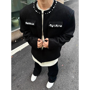 新中式珍珠刺绣外套男款秋季高级感无领夹克男模穿搭垫肩痞帅西装