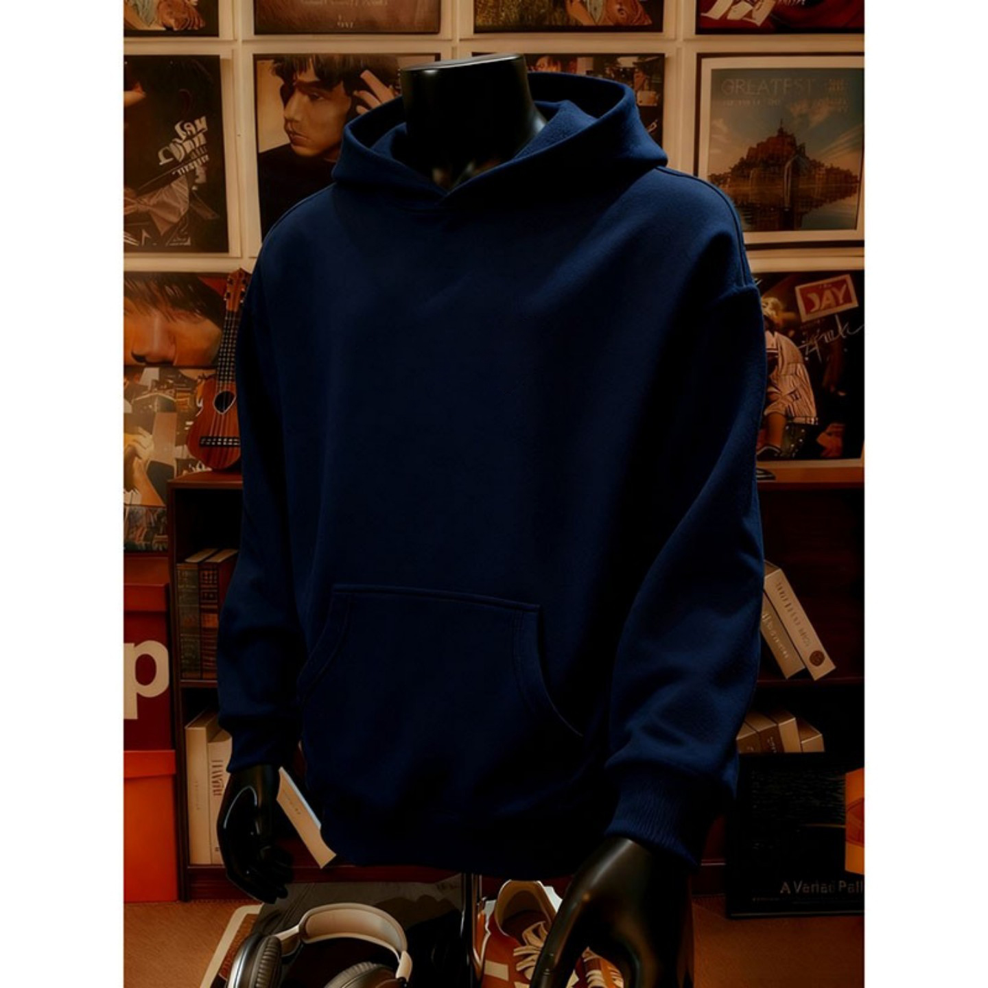 藏青色美式重磅连帽卫衣男款秋冬