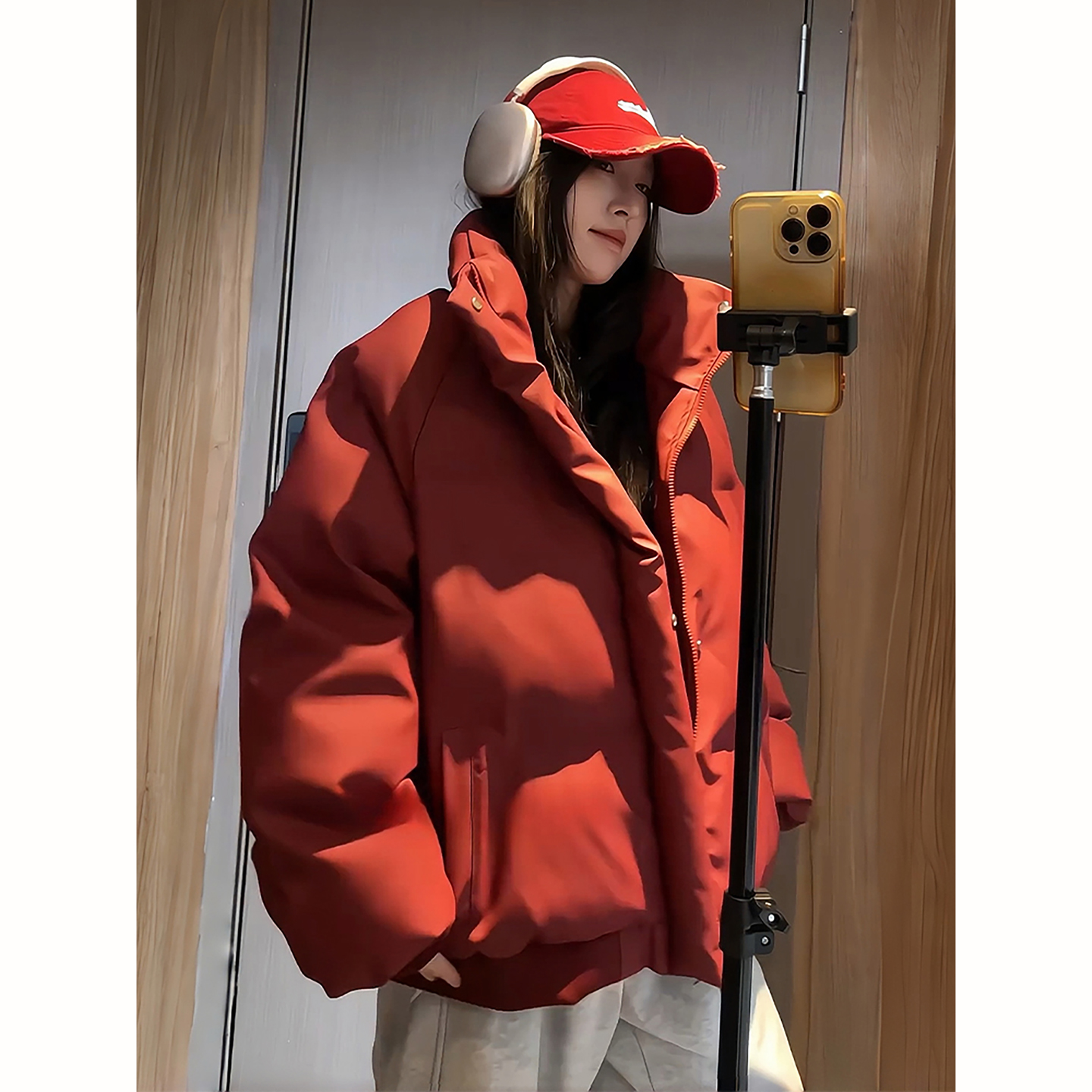 酒红色pu皮刺绣短款棉服外套男款