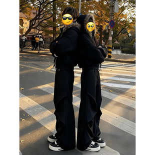 美式微喇褶皱西裤男款冬季加绒加厚阔腿休闲裤子高级感直筒弯刀裤