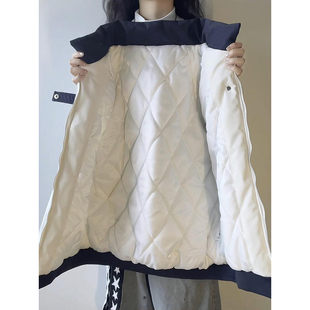 美式拼接工装棉服男女冬季潮牌三条杠条纹情侣外套立领短款面包服