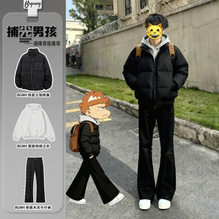 黑色立领短款棉服外套冬季男士痞帅穿搭一整套套装黑色水洗牛仔裤