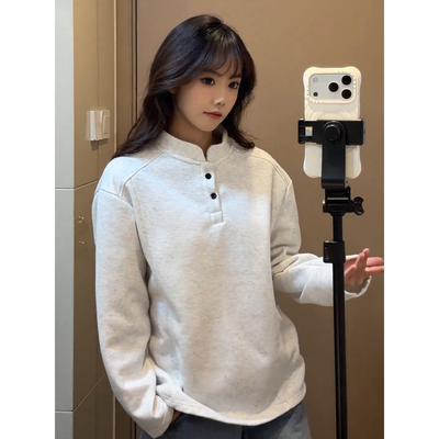 白灰色立领加绒卫衣男款秋冬美式