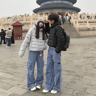 浅灰色斜拉链排骨羽绒服男冬季短款白鸭绒外套美式轻薄保暖面包服