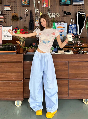 蓝色多巴胺速干伞兵裤女美式高街y2k弯刀阔腿裤辣妹穿搭褶皱裤子