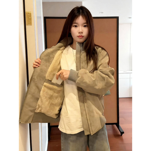 美式bomber飞行夹克棉服男女冬季羊羔毛加绒外套短款廓形棒球棉衣