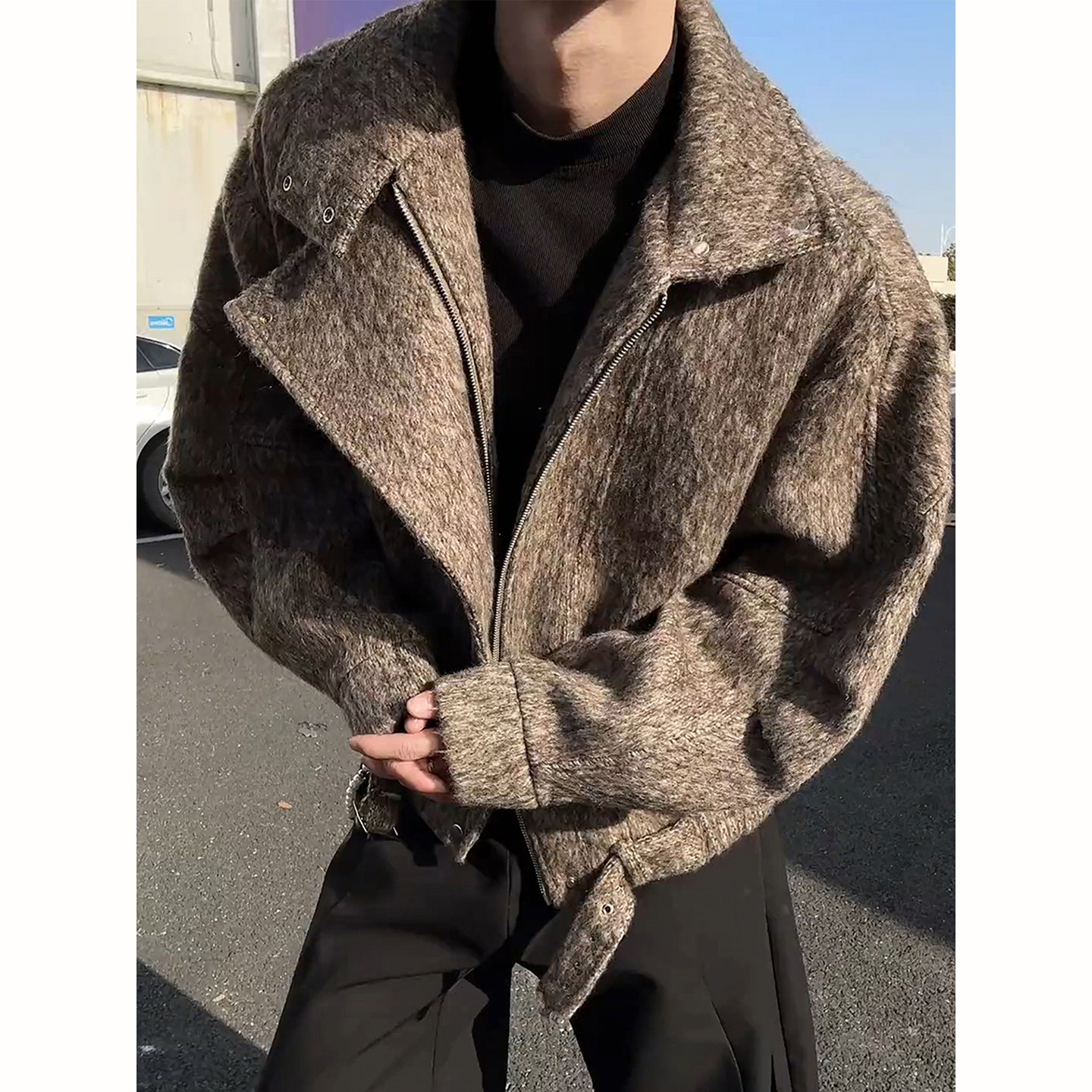 咖啡色短款毛呢棉服冬季男士高端