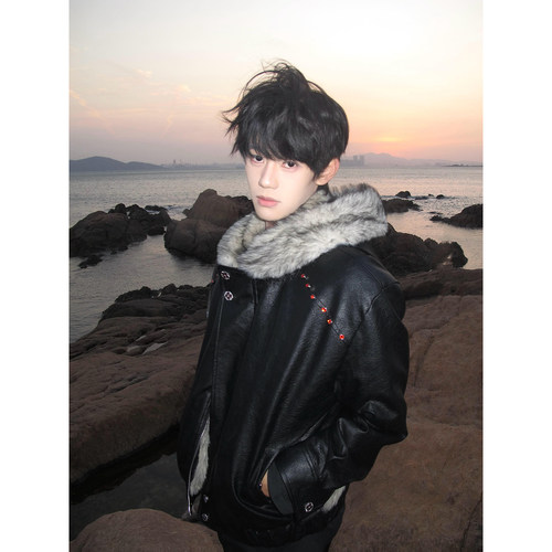 美式座山雕毛领皮衣外套男冬季