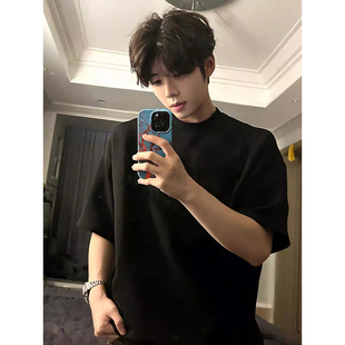 cleanfit纯黑色小领口t恤男夏季重磅纯棉宽松短袖高级感痞帅半袖