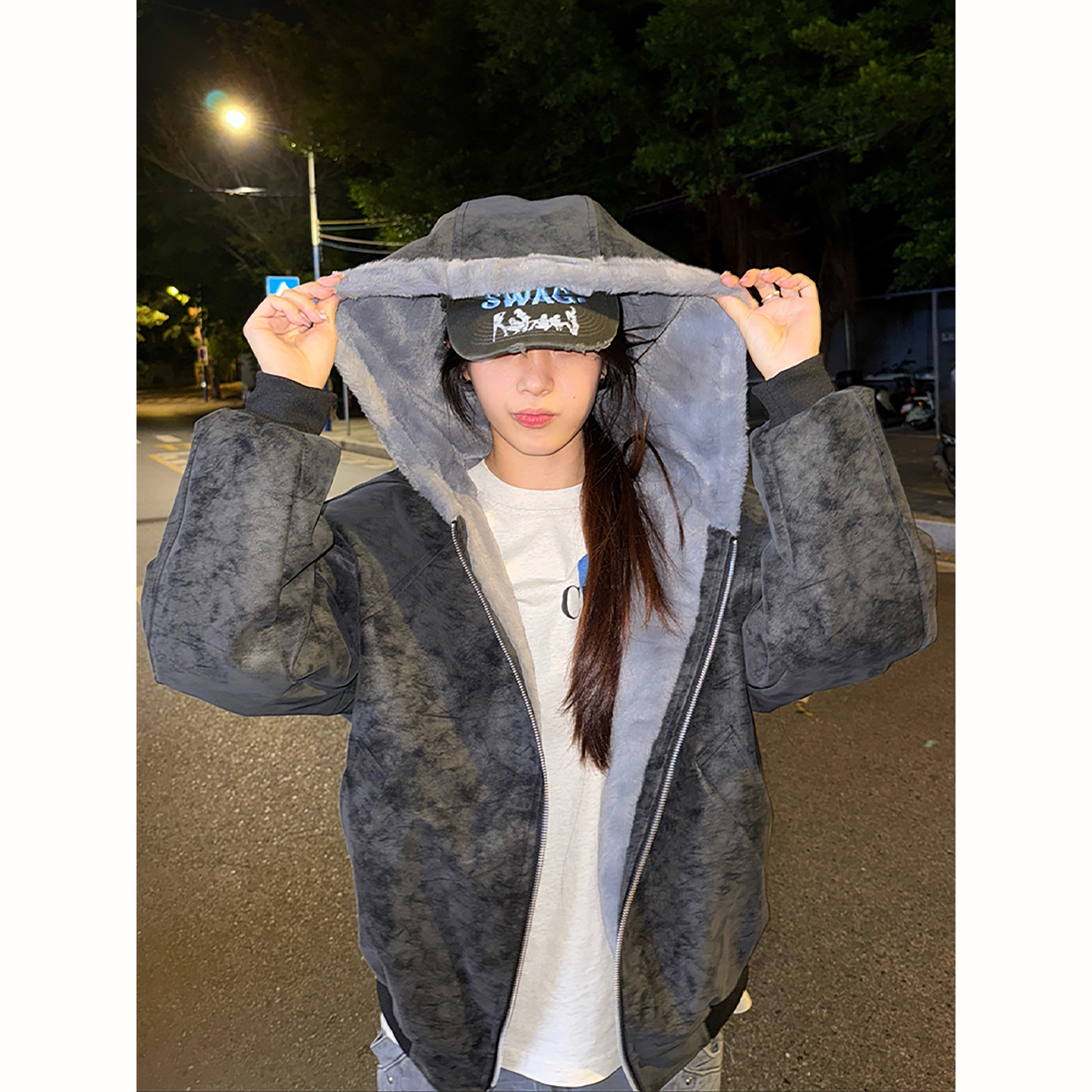 黑色座山雕扎染pu皮衣夹克棉衣