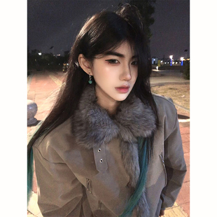 棉衣 加绒加厚外套复古短款 美式 高街pu皮座山雕毛领夹克棉服男冬季