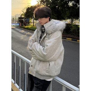 连帽棉服情侣款 浅灰色毛领工装 短款 美式 加厚毛呢外套 派克服男冬季