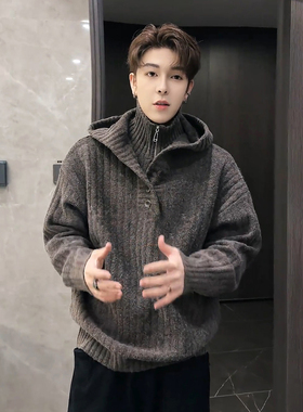 灰色假两件连帽毛衣男冬季慵懒松弛感毛线衣外穿韩系高级感针织衫