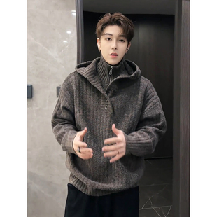 灰色假两件连帽毛衣男冬季慵懒松弛感毛线衣外穿韩系高级感针织衫
