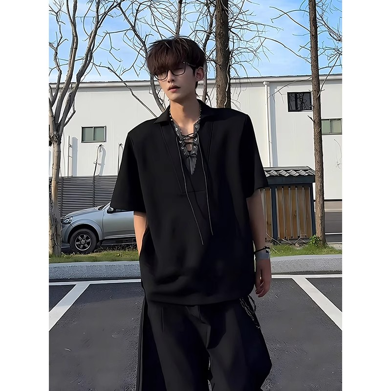 假两件系带V领短袖polo衫男夏季