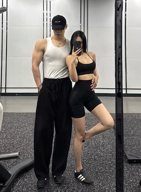 黑色健身运动重磅卫裤男春季美式弯刀裤子窄版直筒修身阔腿休闲裤