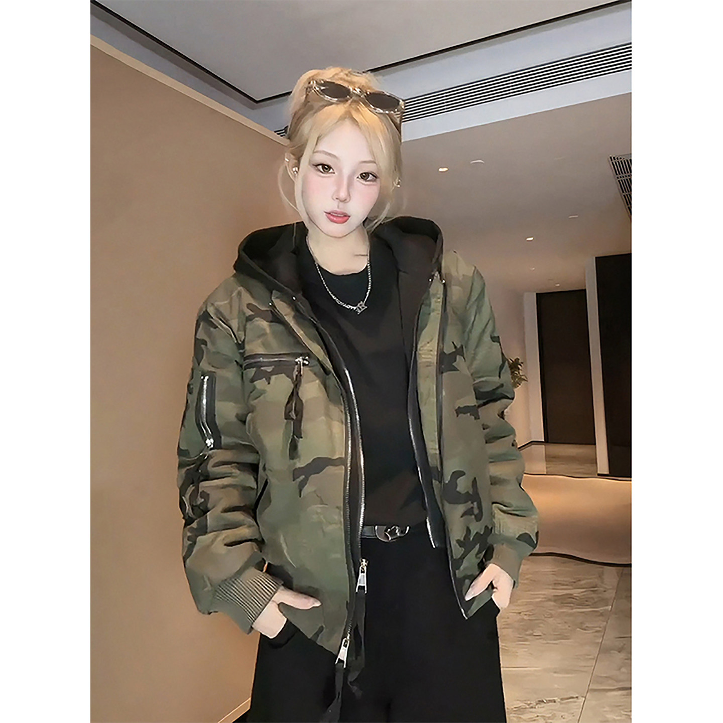 美式飞行员迷彩夹克棉服男女款冬季加厚高级感短款假两件工装外套