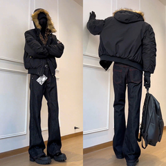 美式赤蝰原牛红线牛仔裤男高街517版型微喇裤子直筒显腿长弯刀裤