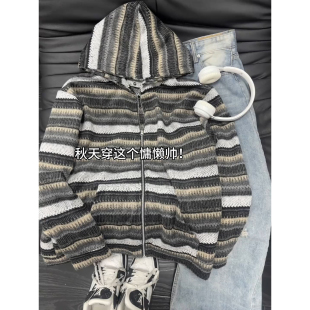韩系慵懒风毛衣少年感美式 秋季 情侣外套 针织卫衣男款 条纹撞色开衫