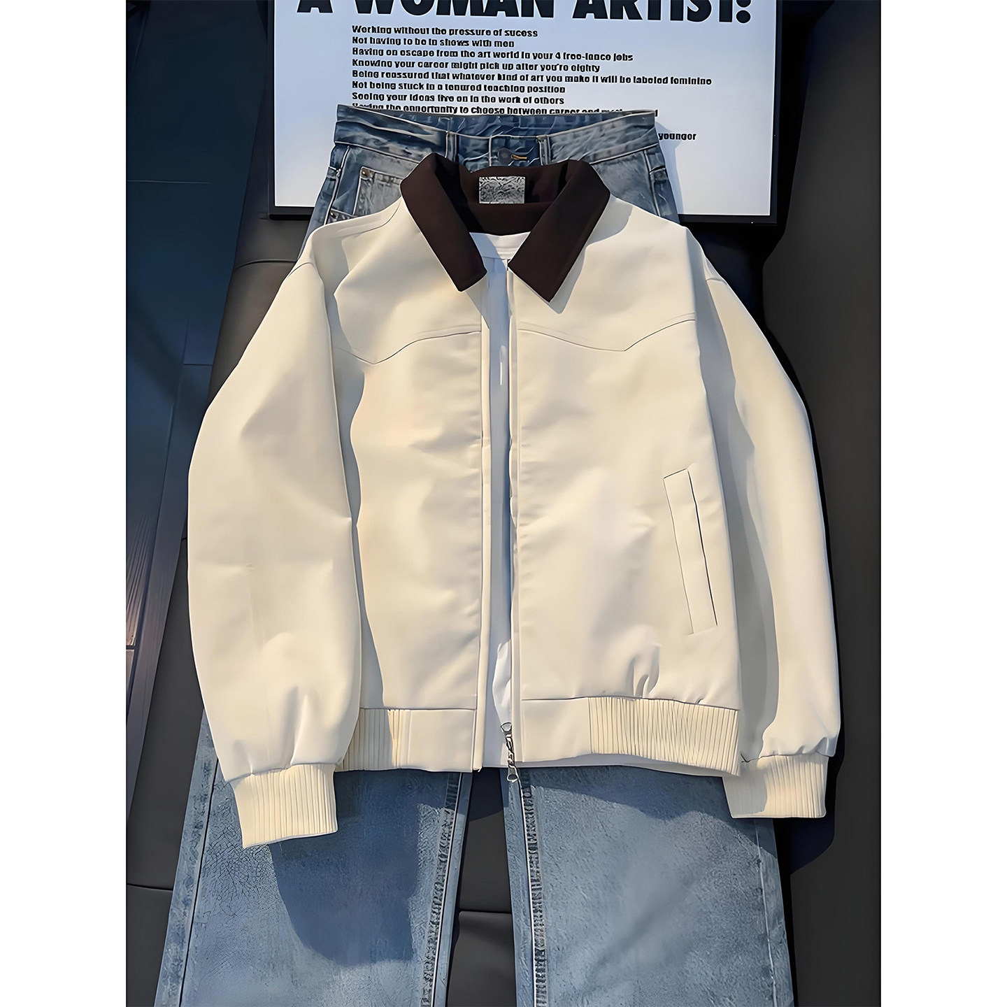 米白色短款PU皮衣夹克男款早春穿搭巴恩风工装外套美式翻领棒球服