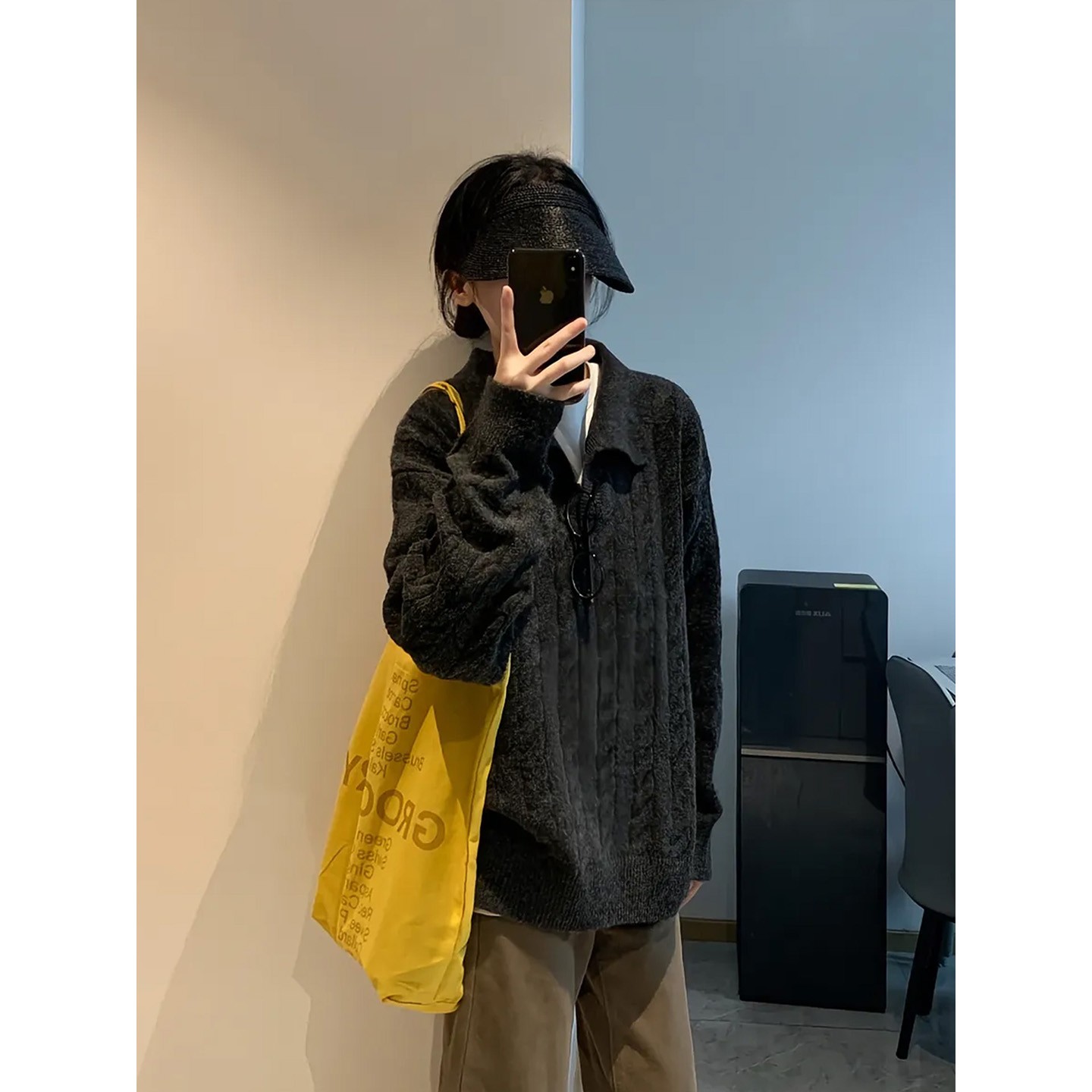 黑色麻花v领毛衣男款秋冬季美式复古慵懒针织衫高级感翻领长袖t恤