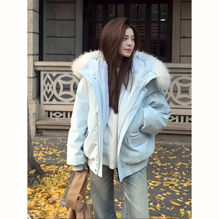 月光蓝色大毛领派克羽绒棉服男女冬季 连帽棉衣 慵懒学院风百搭工装