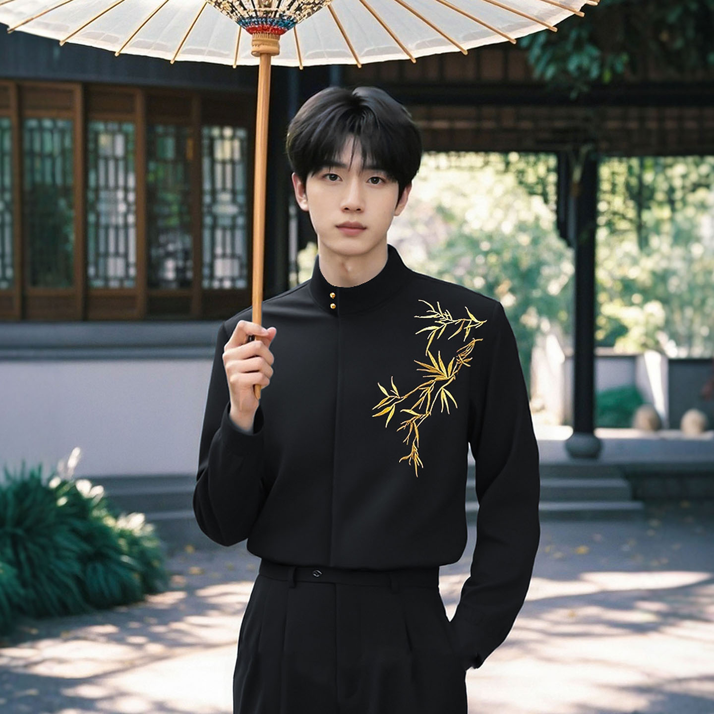 新中式立领金竹刺绣衬衫男士订婚