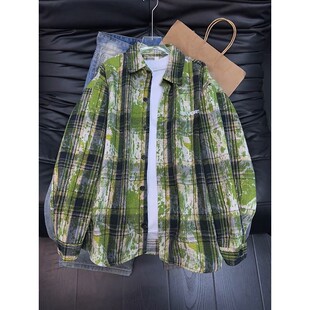 vintage牛油果绿扎染格子衬衫男春季宽松休闲衬衣高级感情侣外套
