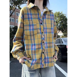 黄色格子长袖衬衫男款冬季学院风休闲加绒衬衣cleanfit高级感外套