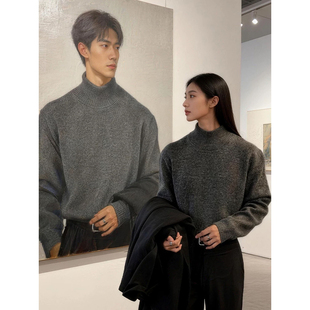 深灰色半高领毛衣男女春秋成熟稳重穿搭内搭打底衫韩系慵懒针织衫