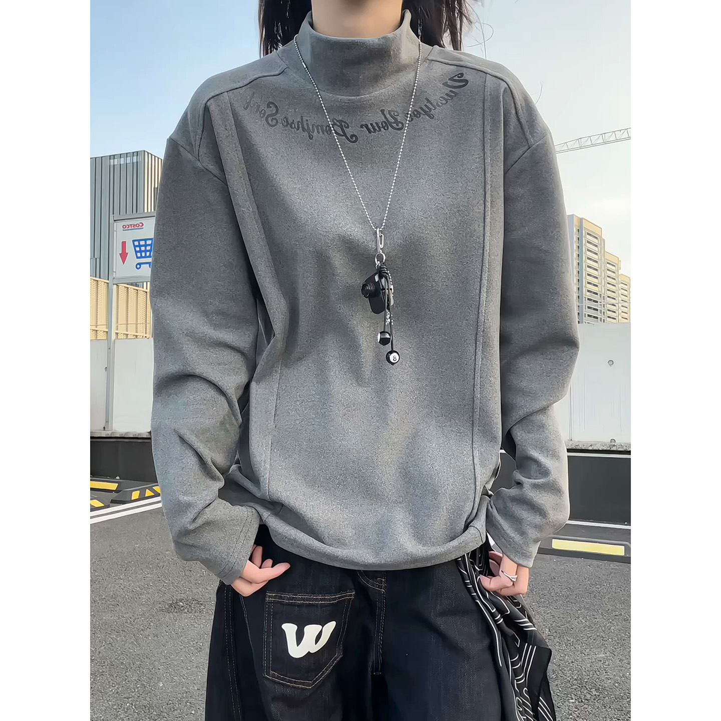 美式印花半高领德绒打底衫秋冬季