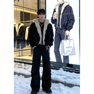 cleanfit座山雕短款棉衣夹克男冬季毛茸茸设计感连帽棉服加厚外套