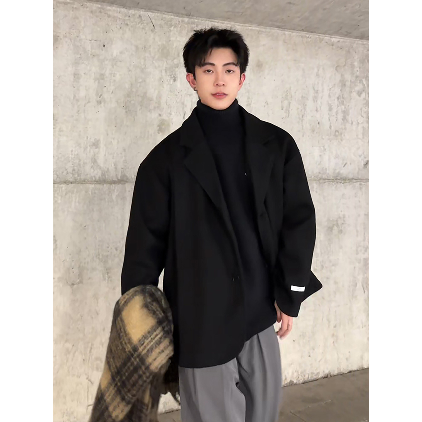 韩系高级感短款毛呢大衣男款秋冬