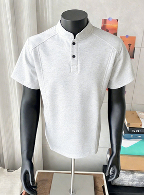 白灰色亨利领正肩t恤男款夏季美式拼接重磅短袖内搭boxy半袖上衣