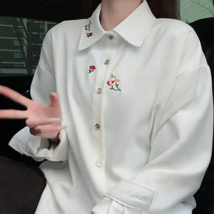 设计感小众翻领白衬衫男女垂感高级感花卉刺绣衬衣宽松慵懒风外套